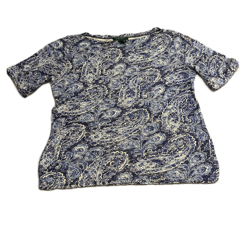 Lauren Ralph Lauren Paisley‎ Top Womens L Blue Excellent Short Sleeve Cotton